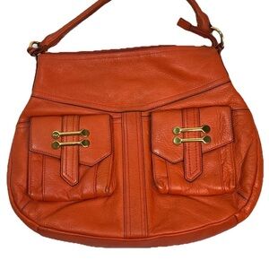 Lauren Ralph Lauren Womens Shoulder Bag Leather Pockets Zip Closure Orange